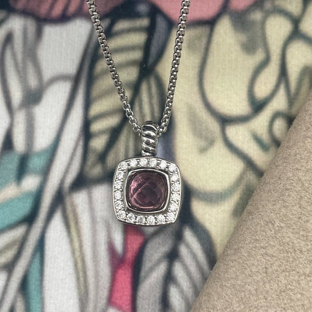 David Yurman Petite Albion Pendant Necklace Pave Diamonds With Amethyst